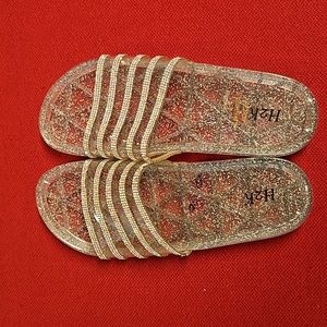 H2K silver glitter jelly rubber flip-flops slipper Sz 9 EUC iridescent stones
